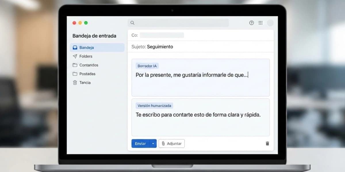 Comparación entre un borrador de correo generado por IA y una versión profesional más humana