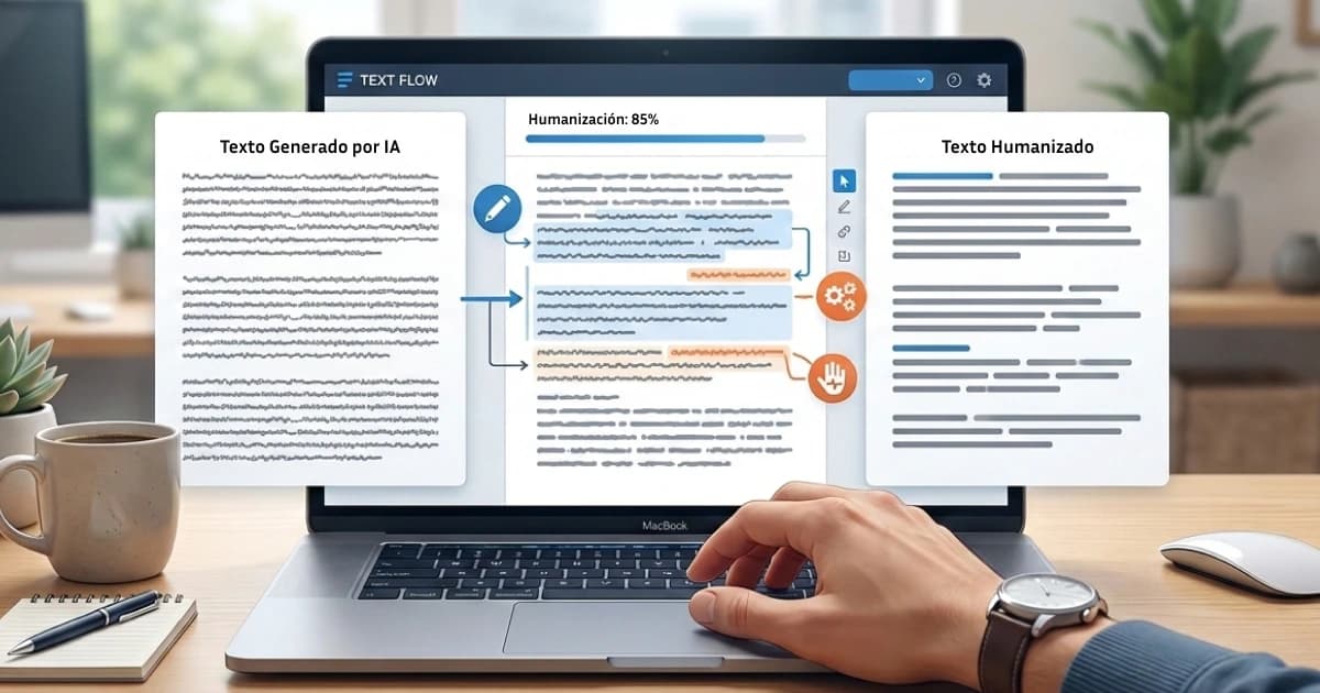 Proceso visual para convertir un texto generado por IA en un texto más natural y humano