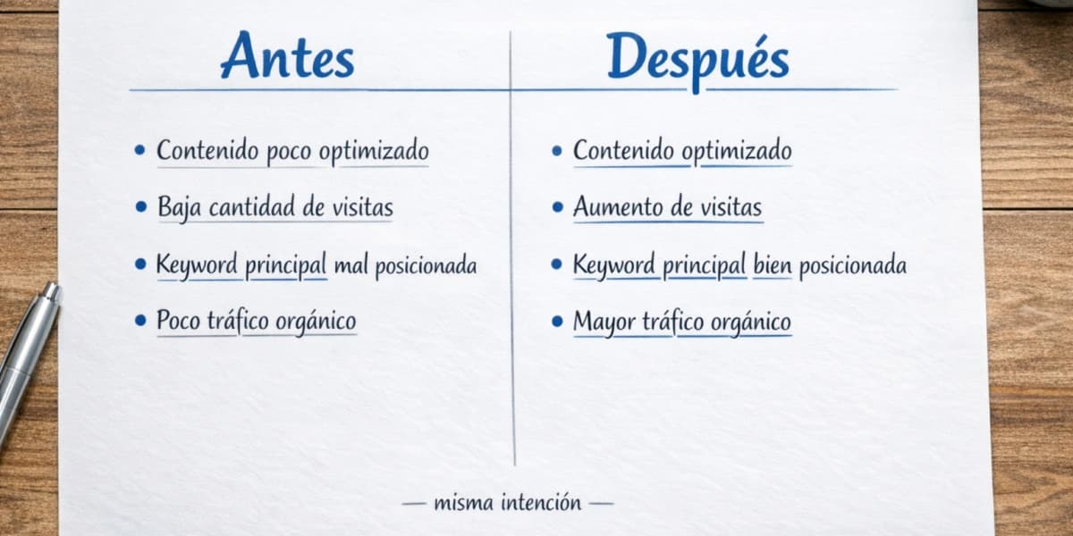 Comparación antes y después al parafrasear para SEO conservando keywords clave