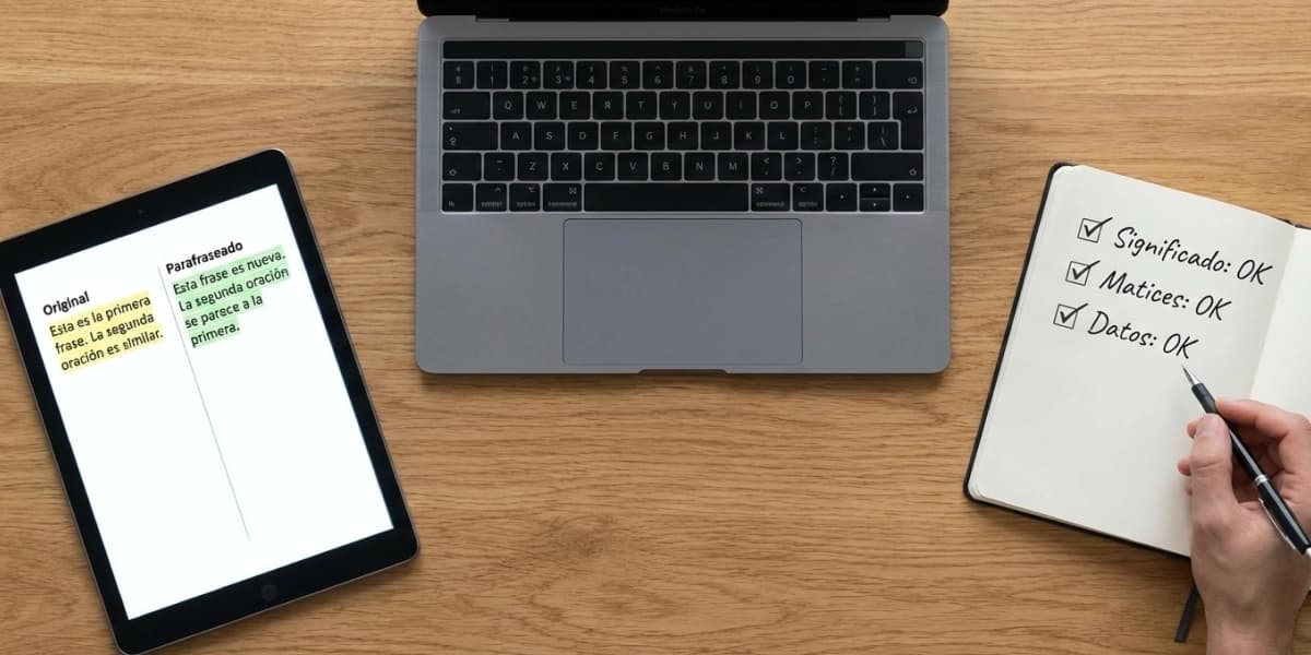 Persona revisando un texto y reescribiéndolo con un método de parafraseo paso a paso