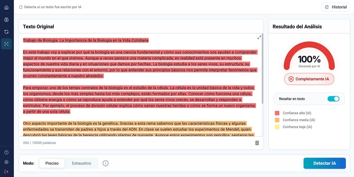 Interfaz de un detector de IA en español analizando texto