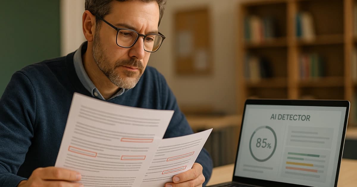 Profesor revisando un trabajo de un alumno con posibles indicios de IA