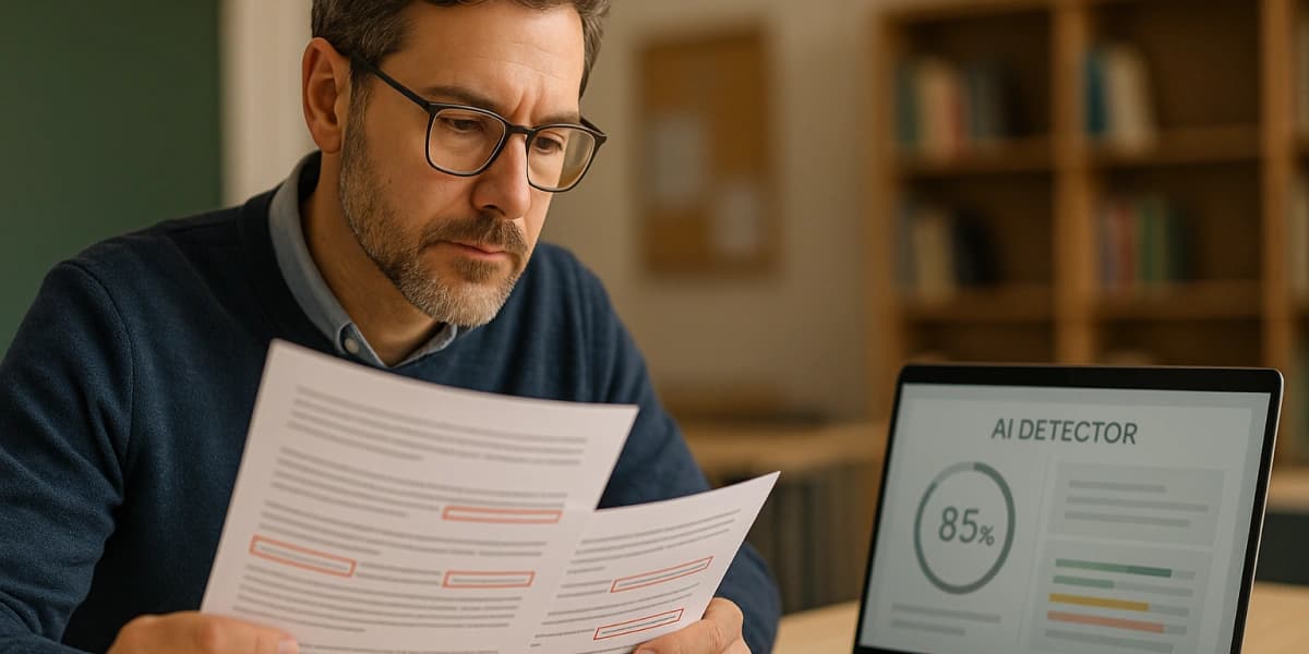 Profesor revisando un trabajo de un alumno con posibles indicios de IA