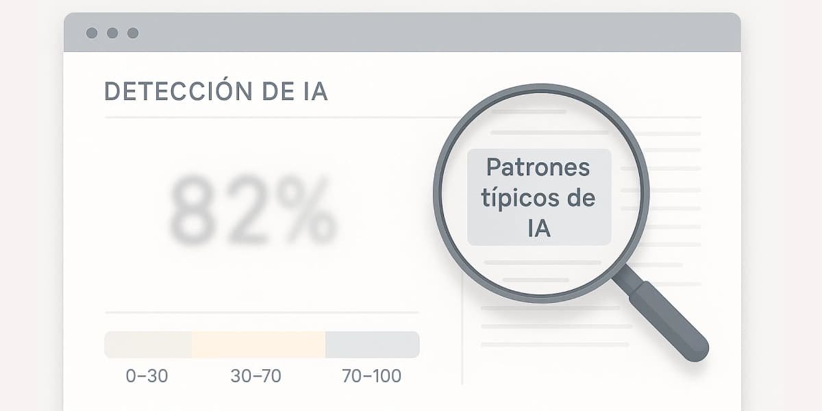 Interfaz de detector de IA con un porcentaje borroso y una lupa sobre el texto, indicando que el resultado debe interpretarse