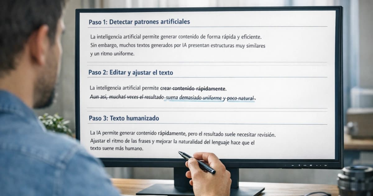 Proceso visual de revisión y edición para humanizar texto generado por IA paso a paso