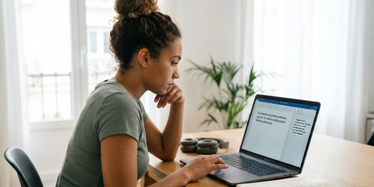 Persona revisando en pantalla un texto generado por IA y ajustándolo para que suene más humano