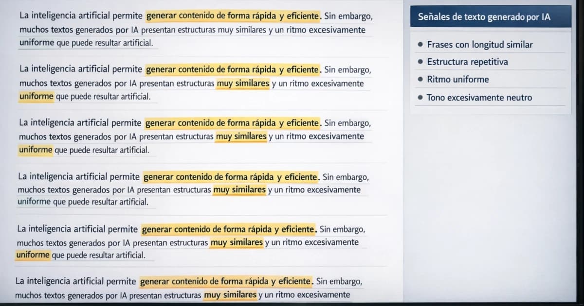Ejemplo visual de señales típicas de un texto generado por IA con estructura demasiado uniforme