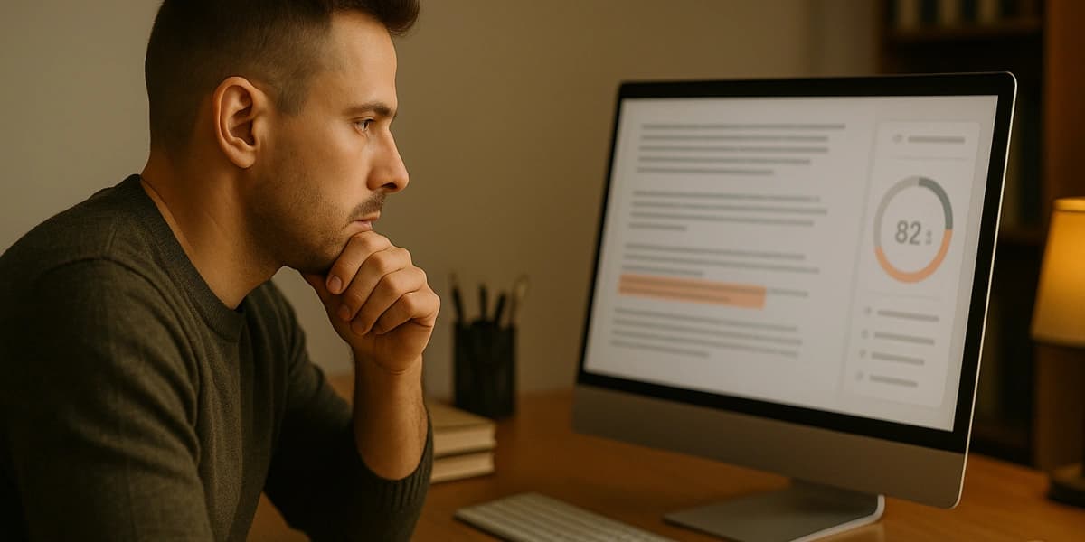 Persona analizando si un texto está escrito por IA en la pantalla del ordenador