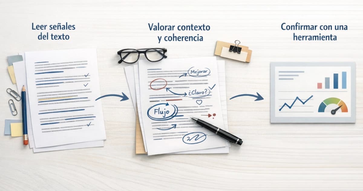 Ejemplo práctico paso a paso para saber si un texto es de IA combinando señales, contexto y apoyo de herramientas
