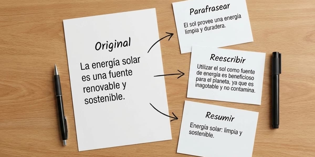 Un texto original con tres resultados diferentes: paráfrasis, reescritura y resumen