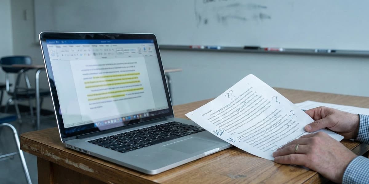 Profesor revisando el trabajo de un alumno y dudando si se ha usado IA